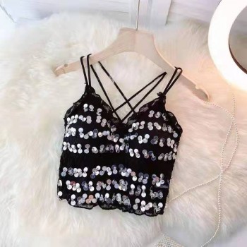 Hollow lace crop tops sexy beaded spaghetti strap tanke top off shoulder sleeveless solid 